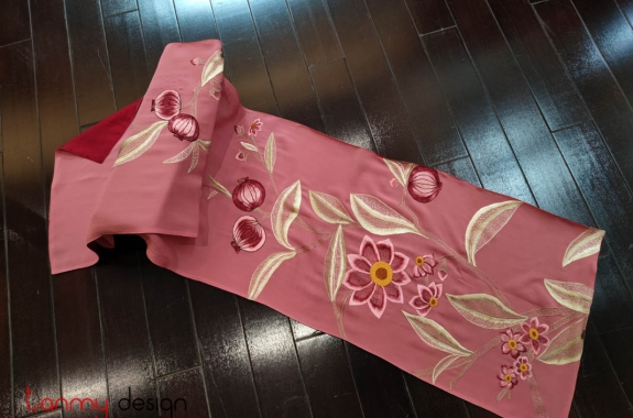 Pink silk scarf hand-embroidered with pomegranate branch